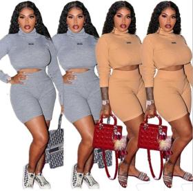 Fashion Letter Embroidery High Collar Long Sleeves Cropped Top With Shorts Two Piece Sets MDF5190