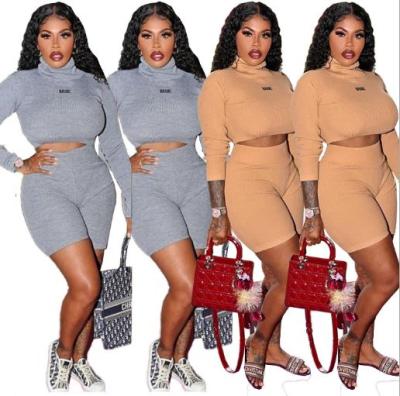 Fashion Letter Embroidery High Collar Long Sleeves Cropped Top With Shorts Two Piece Sets MDF5190