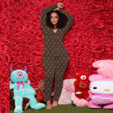 Sexy Printed Zipper V-Neck Long Sleeves Skinny Jumpsuit AMM8833