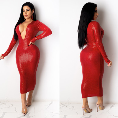 Sexy Solid Color V-Neck Long Sleeves Midi Skinny Dress K2064