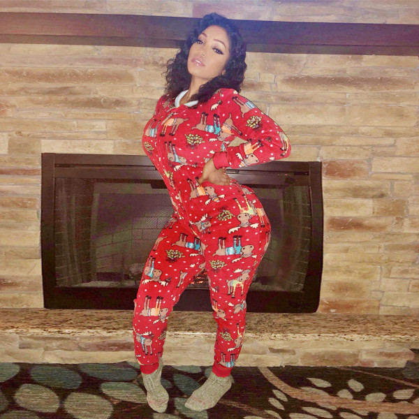 Casual Christmas Printed Zipper Long Sleeves Hooded Homewear Jumpsuit SN390043