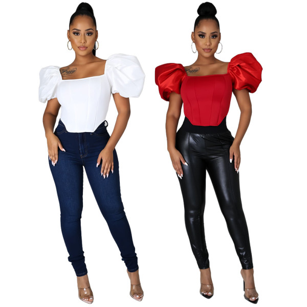 Fashion Solid Color Square Collar Ruff Sleeves Backless Irregular Mini Tops GL6331
