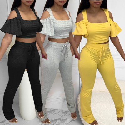 Womens spring and summer solid color fashion sling ruffled sleeve two-piece suit SQ949