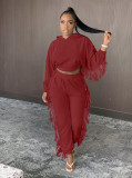 Fashion Solid Color Tassel Long Sleeves Hooded Sweater With Trousers Two Piece Sets BN126