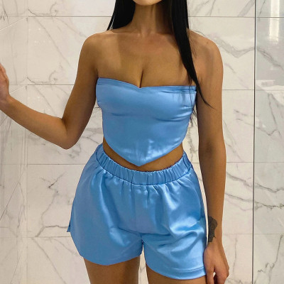 New solid color tube top and open back shorts casual suit K21ST156