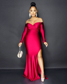 Sexy Solid Color Off Shoulder Long Sleeves Backless Long Dress QY5036