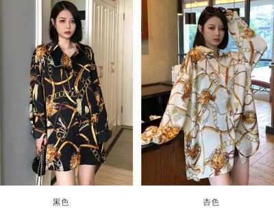 Womens new lapel multicolor big gold chain printing single-breasted shirt thin top QY5049