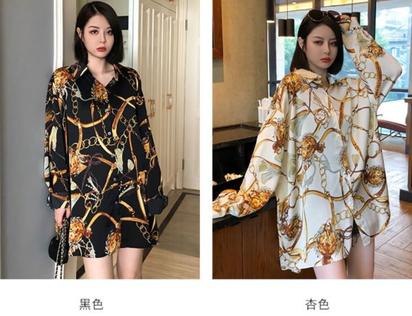 Womens new lapel multicolor big gold chain printing single-breasted shirt thin top QY5049