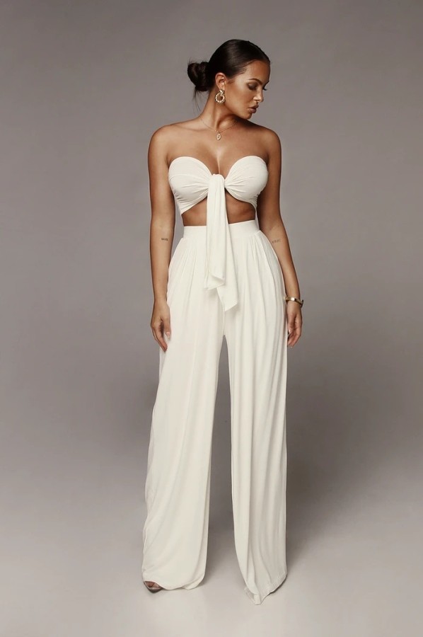 Womens sexy solid color lace-up tube top trousers two-piece suit fashion SUM2597A