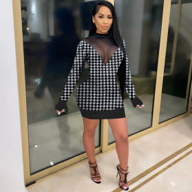 Sexy Mesh Stitching Plaid Round Neck Long Sleeves Mini Dress LD9077