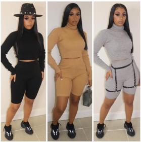 Casual Knitting High Collar Long Sleeves Mini Top With Shorts Two Piece Sets W930