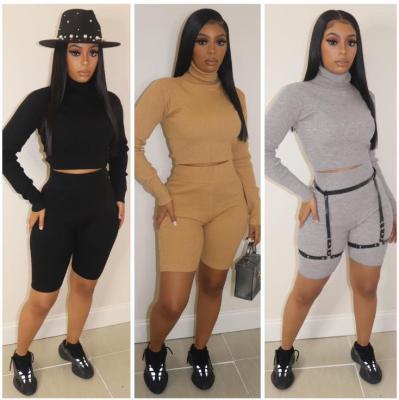 Casual Knitting High Collar Long Sleeves Mini Top With Shorts Two Piece Sets W930