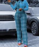 Fashion Plaid Stitching Long Sleeves Straight Pants Plus Size Jumpsuit XCSD9901
