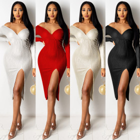 Sexy Deep V-Neck Long Sleeves Split Midi Bodycon Dress C3993