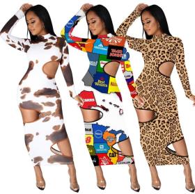 Fashion Pattern Printed Hollow Out Round Neck Long Sleeves Skinny Midi Dress OMM1179