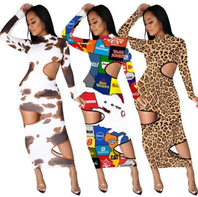 Fashion Pattern Printed Hollow Out Round Neck Long Sleeves Skinny Midi Dress OMM1179