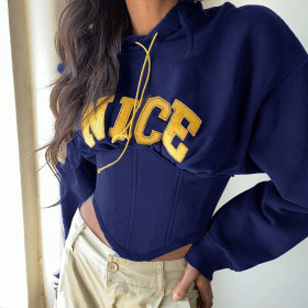 Top street sports and leisure waist printed hooded sweater AFS23433P