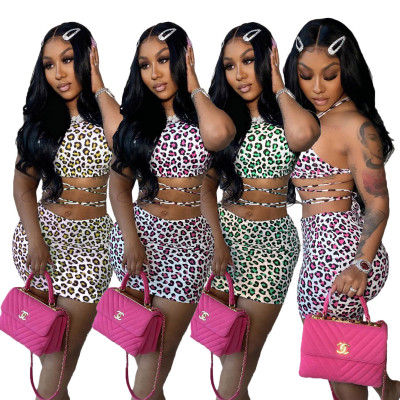 Leopard print two-piece halter neck strap short skirt suit LM8220