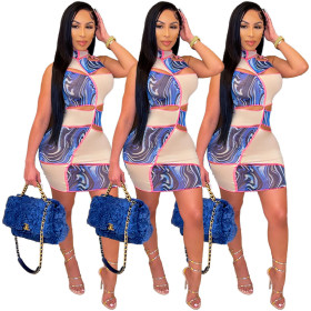 Stitching burnt flower hole dress short skirt summer RM8911