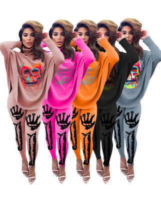 Fashion Pattern Printed High Collar Long Sleeves Split Loose Top With Trousers Two Piece Sets SSD108