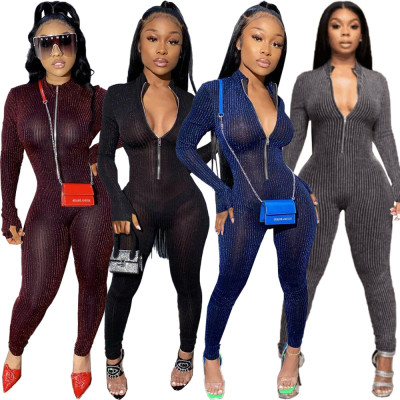Nightclub sexy color line perspective long-sleeved jumpsuit DN8548