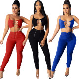 Nightclub style solid color fold hollow two-piece set Q1095