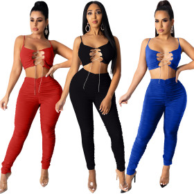 Nightclub style solid color fold hollow two-piece set Q1095