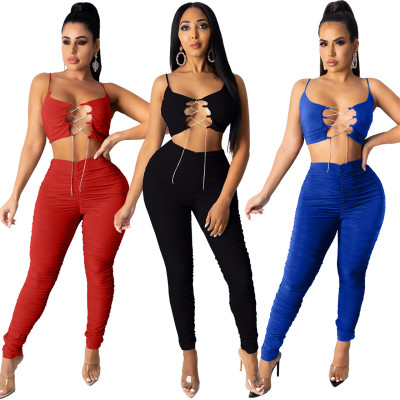Nightclub style solid color fold hollow two-piece set Q1095
