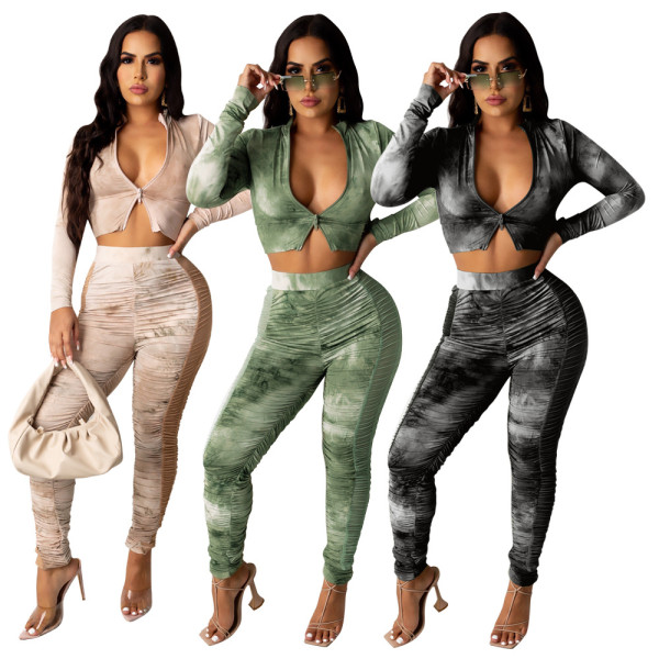 Fashion Printed Zipper Long Sleeves Mini Top Witht Pleated Trousers Two Piece Sets P8538