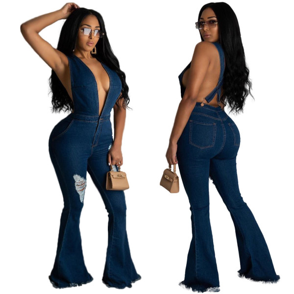 Sexy V-Neck Sleeveless Backless Hole Flared Jeans Skinny Jumpsuit JLX6041