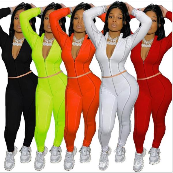 Fashion Zipper V-Neck Long Sleeves Mini Top With Trousers Two Piece Sets MY167