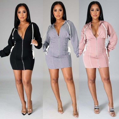 Zipper waist tie hoodie dress nightclub clothes KA7138