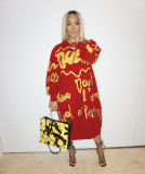 Casual Letter Printed Round Neck Long Sleeves Loose Midi Dress ALS136-2