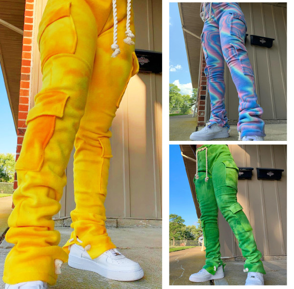 Fashion Tie Dye Printed Pocket Drawstring Long Pants HR8155