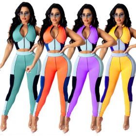 Stitching contrast color sexy slim short-sleeved zipper two-piece suit LA3259
