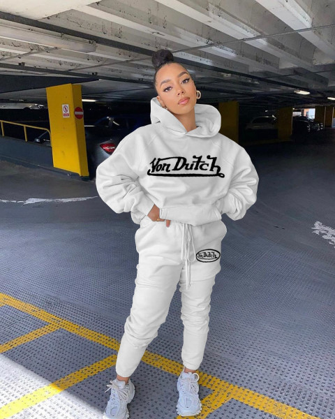 Casual Letter Printed Long Sleeves Hooded Sweater With Drawstring Trousers Two Pieces Sets YX9265
