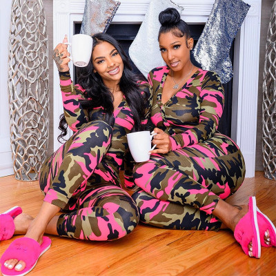 Yoga Printed V-Neck Long Sleeves Button Stitching Jumpsuit 20539P