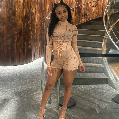 Sexy Pattern Printed Mesh Round Neck Long Sleeves Skinny Jumpsuit K20Q09676