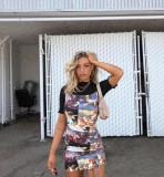 Sexy Printed Suspenders Drawstring Mini Bodycon Dress  28474P