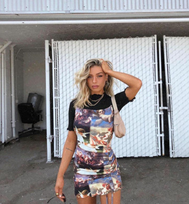 Sexy Printed Suspenders Drawstring Mini Bodycon Dress  28474P