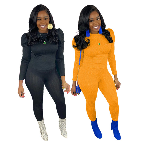Fashion Solid Color Round Neck Long Sleeves Tops With Trousers Two Pieces Sets YF8893
