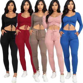 Fashion Solid Color Square Collar Long Sleeves Drawstring Cropped Top With Trousers Two Piece Sets Y