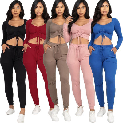 Fashion Solid Color Square Collar Long Sleeves Drawstring Cropped Top With Trousers Two Piece Sets Y