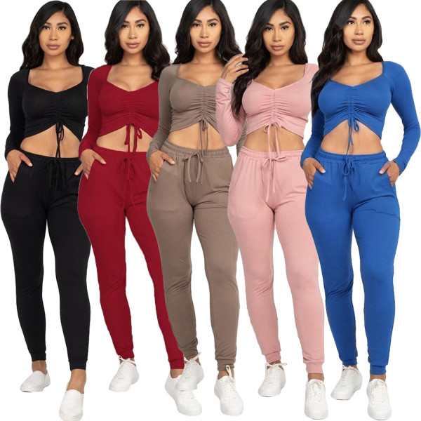 Fashion Solid Color Square Collar Long Sleeves Drawstring Cropped Top With Trousers Two Piece Sets Y