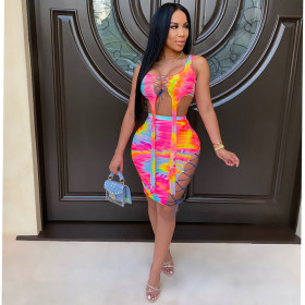 Sexy fashion tie-dye hollow tie two-piece suit MN9293