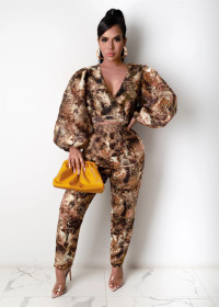 Fashion Printed V-Neck Puff Sleeves Mini Top With Trousers Two Pieces Sets QY5035