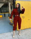 Autumn Solid Color High Collar Long Sleeves Drawstring Mini Top With Trousers Two Piece Sets WYM2028