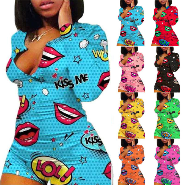 Fashion Plus Size Cartoon Printed V-Neck Long Sleeves Short Pants Jumpsuit SFY6028