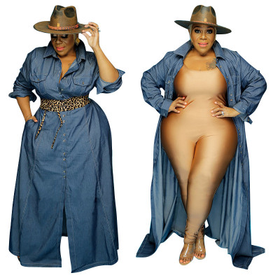 Washed denim casual waist waist big hem plus size Womens one-piece dress OSS20902