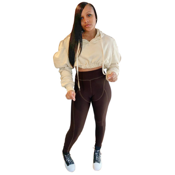 Casual Solid Color Long Sleeves Hooded Cropped Sweater With Trousers Two Pieces Sets S390023